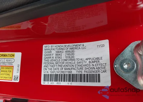 2024 Honda Civic Ex-L z USA, uszkodzony, nr VIN 19XFL1H72RE011868